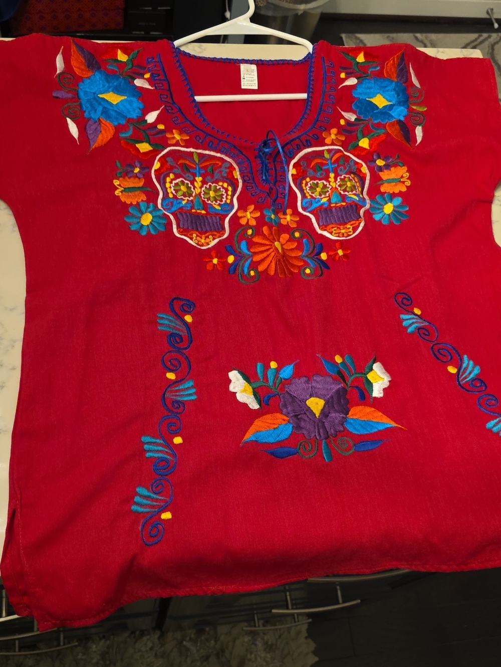 Pink Embroidered Mexican Blouse with Colorful Floral Skulls